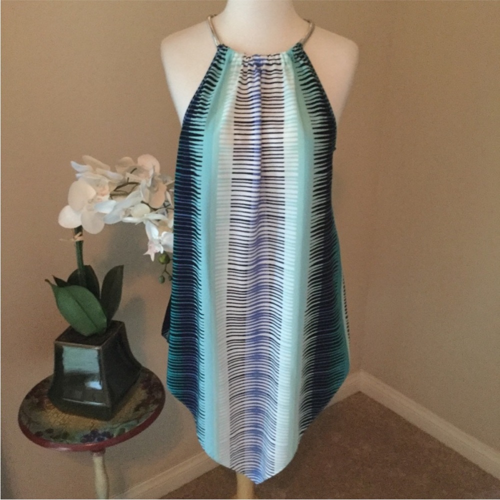Alfani Blue Teal and White Striped Halter Tank Top